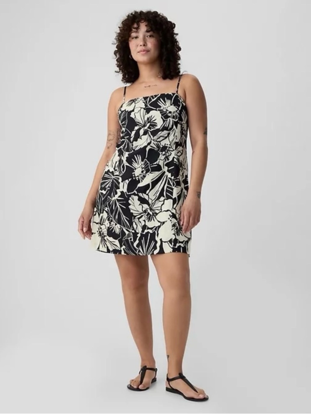 Gap Floral Print Black & Cream Linen Blend Mini Dress NWT Sz XL $69.95